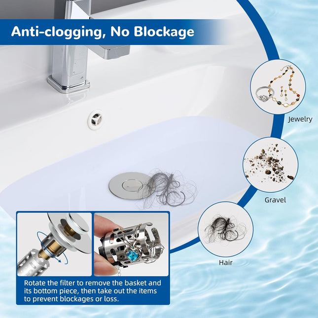 Upgraded 3 in 1 Bathroom Sink Drain Strainer Universal Pop Up Stopper with Removable Stainless – product detail