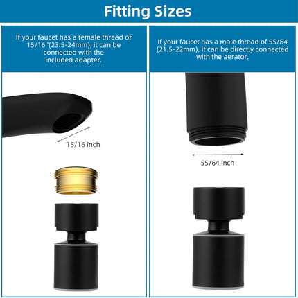 NSF/ANSI/CAN 61 Certified Faucet Aerator, CUPC Certification 360° Swivel Kitchen Sink Aerator, 2-Flow Sink Sprayer Attachement, Faucet Replacement Part 55/64 Inch Female Thread - Matte Black