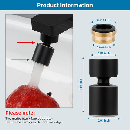 NSF/ANSI/CAN 61 Certified Faucet Aerator, CUPC Certification 360° Swivel Kitchen Sink Aerator, 2-Flow Sink Sprayer Attachement, Faucet Replacement Part 55/64 Inch Female Thread - Matte Black