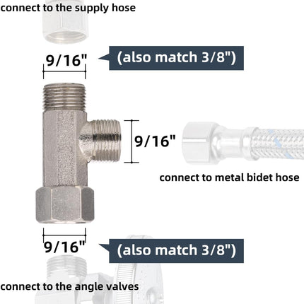 Bidet T Adapter, Metal T Valve for Bidet(3/8” x 3/8” x 3/8”), 3 Way Tee Connector Bidet Attachment for Toilet