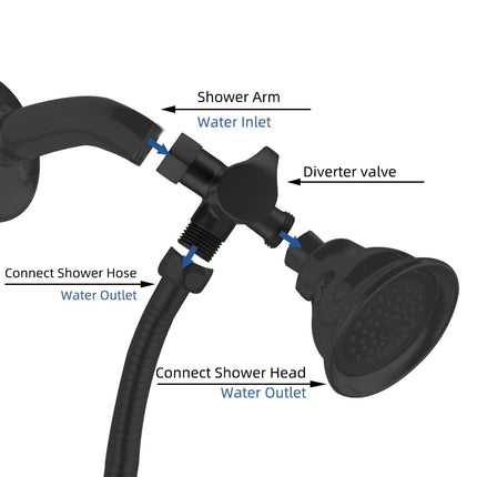 All Metal Solid Brass Shower Arm 3-Way Diverter Valve for Hand Shower and Fixed Shower Head, G1/2'' Shower Arm T Adapter, Bathroom Universal Shower System Replacement Part, Matte Black