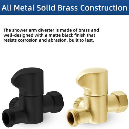 All Metal Solid Brass Shower Arm 3-Way Diverter Valve for Hand Shower and Fixed Shower Head, G1/2'' Shower Arm T Adapter, Bathroom Universal Shower System Replacement Part, Matte Black