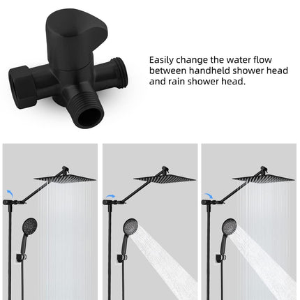 All Metal Solid Brass Shower Arm 3-Way Diverter Valve for Hand Shower and Fixed Shower Head, G1/2'' Shower Arm T Adapter, Bathroom Universal Shower System Replacement Part, Matte Black