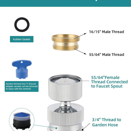 Swivel Faucet Adapter Kit, Solid Brass 3/4" Garden Hose Adapter with Aerator, 360 Degree Kitchen Sink Faucet Aerator Adapter for Female and Male to Male, Chrome