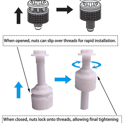Universal Toilet Seat Hinge Bolt Screw for Top Mount Toilet Seat Hinges, Downlock Nuts can Slip Over Bolts Threads for Rapid Installation Without Screwing in-White Plastic Replacement Parts