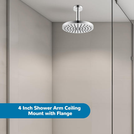 All Metal Ceiling Mounted Shower Arm, 4 Inch Shower Head Extension with Flange, Stainless Steel Straight Shower Arm For High Pressure Rain Shower Head, Shower Head Extender, Chrome