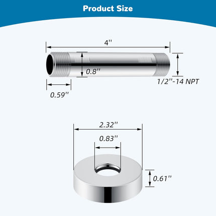 All Metal Ceiling Mounted Shower Arm, 4 Inch Shower Head Extension with Flange, Stainless Steel Straight Shower Arm For High Pressure Rain Shower Head, Shower Head Extender, Chrome