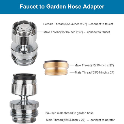 Faucet Adapter Kit, Swivel Aerator Adapter to Connect Garden Hose - Multi-Thread Kitchen Sink Faucet to Garden Hose Adapter 3/4 Inch - Chrome Finished