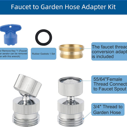 Garden Hose Adapter Kit - Sink Swivel Faucet Aerator to Connect Hose, Multi-Thread With Cache Aerator Key for Male and Female Connections, Chrome Finish