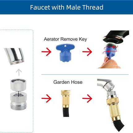 Garden Hose Adapter Kit - Sink Swivel Faucet Aerator to Connect Hose, Multi-Thread With Cache Aerator Key for Male and Female Connections, Chrome Finish