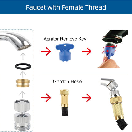 Garden Hose Adapter Kit - Sink Swivel Faucet Aerator to Connect Hose, Multi-Thread With Cache Aerator Key for Male and Female Connections, Chrome Finish