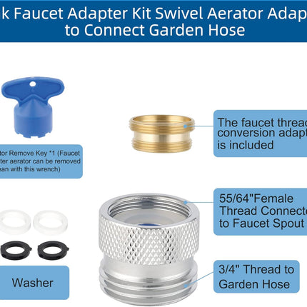 Faucet to Garden Hose Adapter Kit, Female to Male Sink Brass Garden Hose Attachment with Washer & Aerator Key, Chrome
