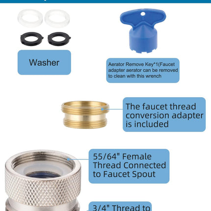 Faucet to Garden Hose Adapter Kit, Female to Male Sink Brass Garden Hose Attachment with Washer & Aerator Key, Brushed Nickel