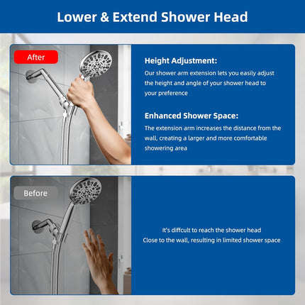 Chrome Solid Brass 6 Inch Shower Head Extension Arm, 2 Pack, No Tools Required, Lowers Existing Shower Head, Universal Connection, No Flow Restrictions