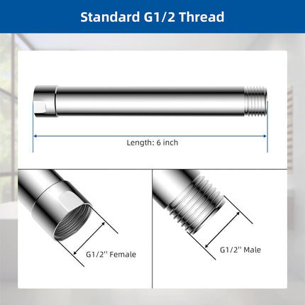Chrome Solid Brass 6 Inch Shower Head Extension Arm, 2 Pack, No Tools Required, Lowers Existing Shower Head, Universal Connection, No Flow Restrictions