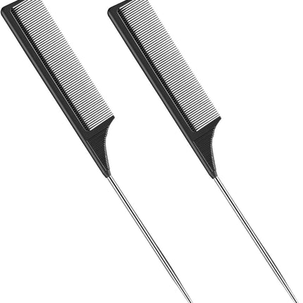 2 Pack Tail Comb, Carbon Fiber Stainless Steel Pintail and Heat Resistant Rat Teasing Comb for Daughter Women, Black