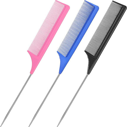 3 Pack Rat Tail Comb, Carbon Fiber Heat Resistant Teasing Combs with Stainless Steel Pintail for Women,Women Hair (black+blue+pink)