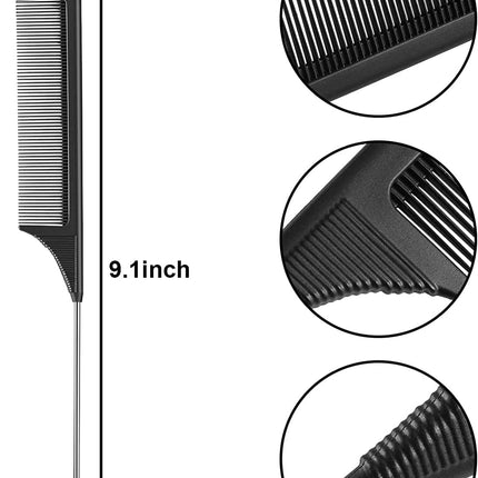 3 Pack Rat Tail Comb, Carbon Fiber Heat Resistant Teasing Combs with Stainless Steel Pintail for Women,Women Hair (black+blue+pink)