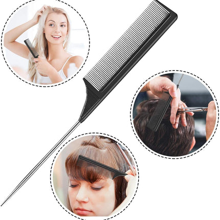 3 Pack Rat Tail Comb, Carbon Fiber Heat Resistant Teasing Combs with Stainless Steel Pintail for Women,Women Hair (black+blue+pink)