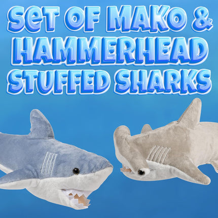 Stuffed Animal Sharks - Pack of 2 Large, 14 inch Mako & 13 inch Hammerhead Plush Shark Toys, Stuff Animals Toy, for Baby Toddlers & Kids