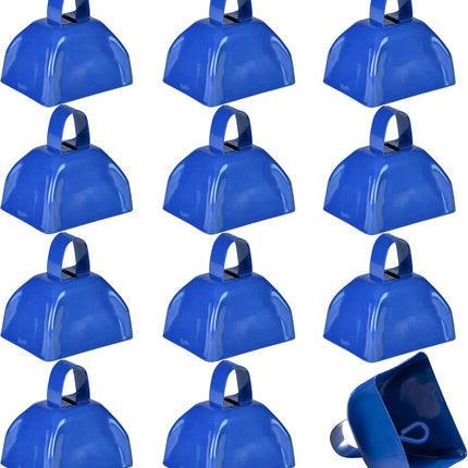 Metal Cowbells - Blue 3 Inch Cow Bells Noise Makers, Loud Call Bell with Handles for Sporting Events, Cheering, Team Spirit, Noisemakers, Weddings, (Pack of 12)