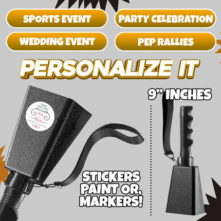 9" Metal Cowbells with Handle - (1 Pack) Cow Bells Loud Cheering Noise Makers for Sporting Events, Football Games, School Spirit, Rallies & Celebrations - Black Steel Percussion Music Instrument