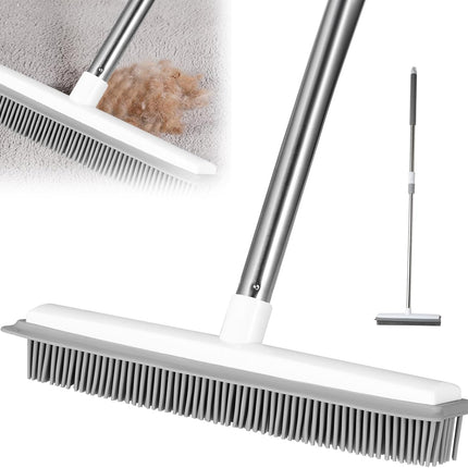 Pet Hair Removal Broom Long Handle Adjustable Carpet Rake Cat Dog Hair Remover Rubber Broom with Built in Squeegee Lint Remover Brush for Carpets Couch Rugs Mats Stairs (53inch)