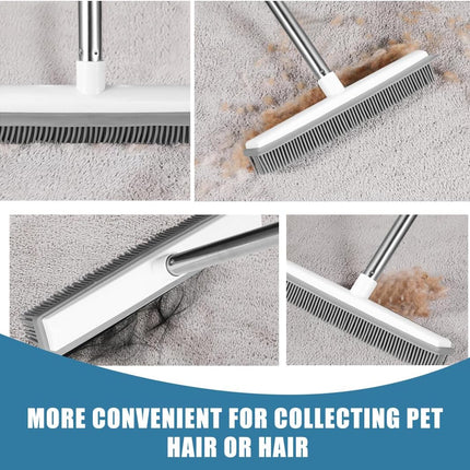 Pet Hair Removal Broom Long Handle Adjustable Carpet Rake Cat Dog Hair Remover Rubber Broom with Built in Squeegee Lint Remover Brush for Carpets Couch Rugs Mats Stairs (53inch)