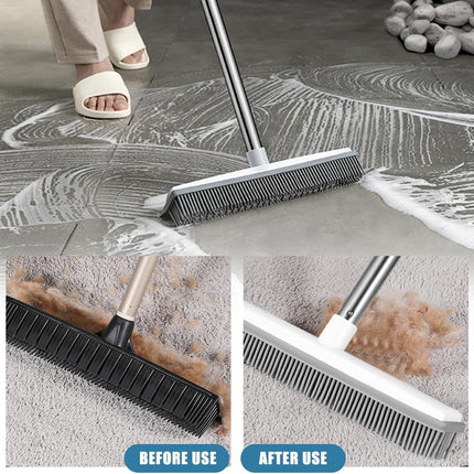 Pet Hair Removal Broom Long Handle Adjustable Carpet Rake Cat Dog Hair Remover Rubber Broom with Built in Squeegee Lint Remover Brush for Carpets Couch Rugs Mats Stairs (53inch)
