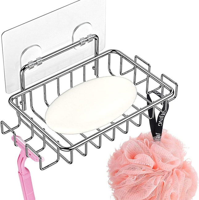 Soap Dish Soap Holder with 4 Hooks for Shower Bathroom Rust Proof 304 Stainless Steel Soap and Sponge Saver