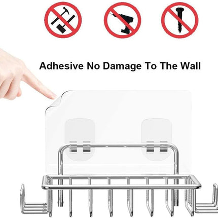 Soap Dish Soap Holder with 4 Hooks for Shower, Bathroom Rust Proof 304 Stainless Steel Soap and Sponge Saver, Adhesive No Drilling