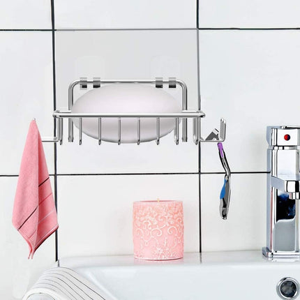 Soap Dish Soap Holder with 4 Hooks for Shower, Bathroom Rust Proof 304 Stainless Steel Soap and Sponge Saver, Adhesive No Drilling