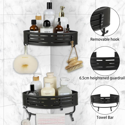 Shower Shelf Corner Caddy - 2 Piece Drill-Free Shower Shelves Corner Organizer, Bathroom Shower Organizer Wall Mounted with 8 Hooks and towel bar (Gun Grey)