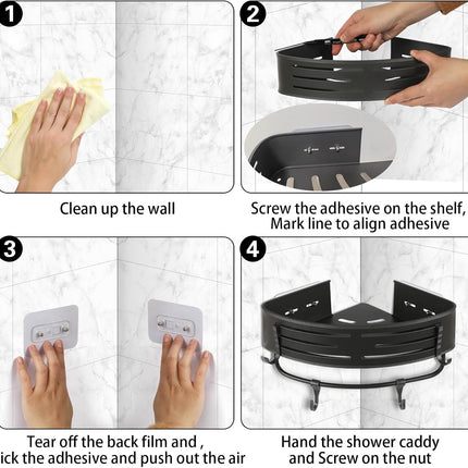 Shower Shelf Corner Caddy - 2 Piece Drill-Free Shower Shelves Corner Organizer, Bathroom Shower Organizer Wall Mounted with 8 Hooks and towel bar (Gun Grey)
