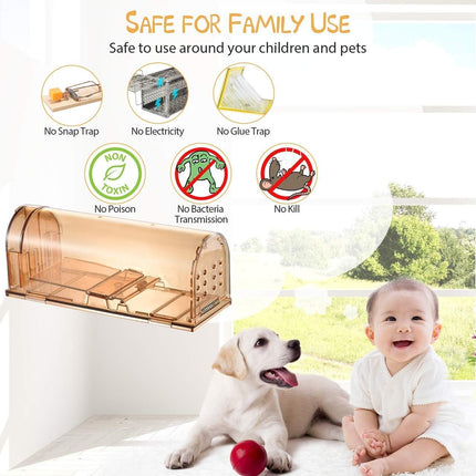Humane Mouse Trap, Live Mice Trap, Reusable Indoor and Outside Mouse Traps, Kids/Pets Safe, Easy to Set (4, Brown)