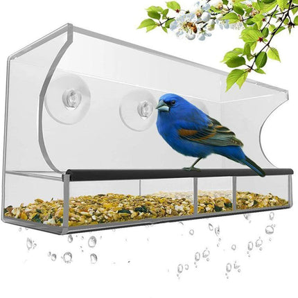 Bird Feeder, Window Bird House Crystal Clear Acrylic with Removable Tray, Drain Holes and 3 Heavy Duty Suction Cups, Weatherproof Design, Squirrel Resistant, Drains Rain Water