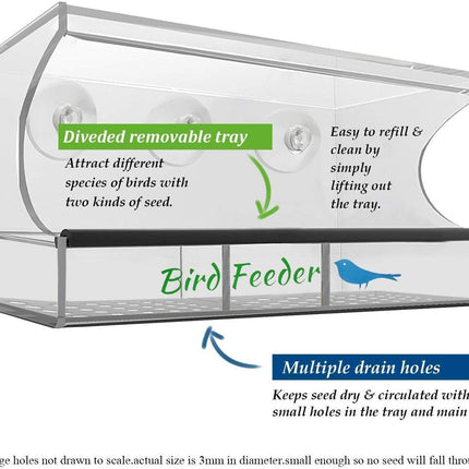 Bird Feeder, Window Bird House Crystal Clear Acrylic with Removable Tray, Drain Holes and 3 Heavy Duty Suction Cups, Weatherproof Design, Squirrel Resistant, Drains Rain Water