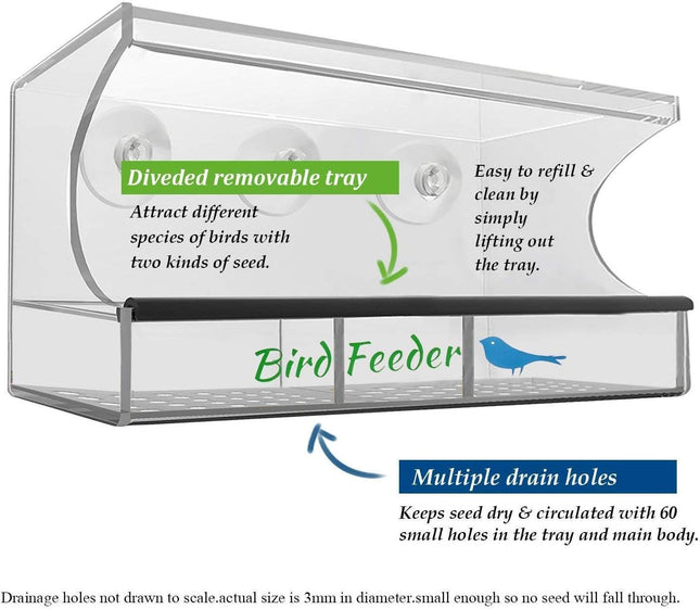 Bird Feeder Window Bird House Crystal Clear Acrylic with Removable Tray Drain Holes and 3 – product detail
