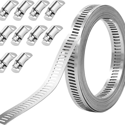 Hose Clamp DIY Adjustable Pipe Clamp 11.5FT, 304 Stainless Steel Range Worm Gear Hose Clamp with 10 Fasteners for Water Pipe, Plumbing, Automotive and Mechanical Application