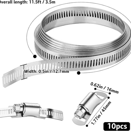 Hose Clamp DIY Adjustable Pipe Clamp 11.5FT, 304 Stainless Steel Range Worm Gear Hose Clamp with 10 Fasteners for Water Pipe, Plumbing, Automotive and Mechanical Application