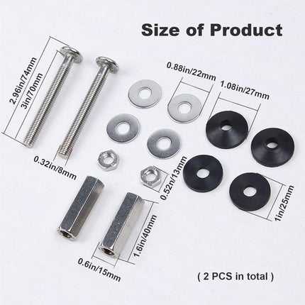 Toilet Tank to Bowl Bolt Kits, 2 Pack Toilet Bolt Kit for Tank Heavy Duty Washers and Round Cover Caps with Extra Long Nut Screw (Silver)