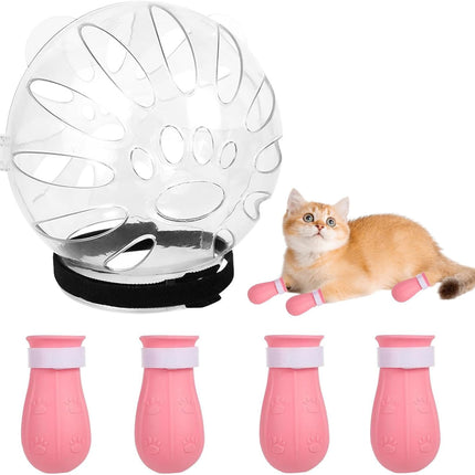 Cat Muzzle and Boots Set, Cat Transparent Muzzle Prevent from Cats Biting Chewing, Breathable Cat Adjustable Hood for Grooming, Adjustable Cat Anti-Scratch Foot Cover for Cats Bathing Nail Trimming