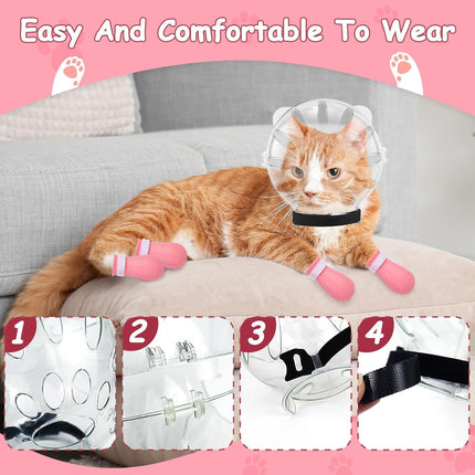 Cat Muzzle and Boots Set, Cat Transparent Muzzle Prevent from Cats Biting Chewing, Breathable Cat Adjustable Hood for Grooming, Adjustable Cat Anti-Scratch Foot Cover for Cats Bathing Nail Trimming