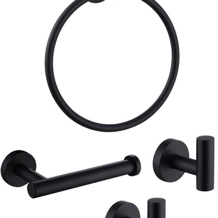 4PCS Bathroom Hardware Set 304 Stainless Steel Bathroom Accessories Set Including 2 Wall Mounted Stainless Steel Robe Hooks Toilet Paper Holder and Towel Ring (Black)