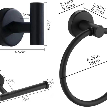 4PCS Bathroom Hardware Set 304 Stainless Steel Bathroom Accessories Set Including 2 Wall Mounted Stainless Steel Robe Hooks Toilet Paper Holder and Towel Ring (Black)