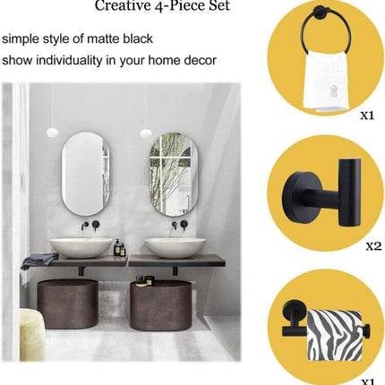 4PCS Bathroom Hardware Set 304 Stainless Steel Bathroom Accessories Set Including 2 Wall Mounted Stainless Steel Robe Hooks Toilet Paper Holder and Towel Ring (Black)
