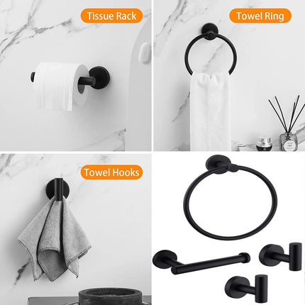 4PCS Bathroom Hardware Set 304 Stainless Steel Bathroom Accessories Set Including 2 Wall Mounted Stainless Steel Robe Hooks Toilet Paper Holder and Towel Ring (Black)