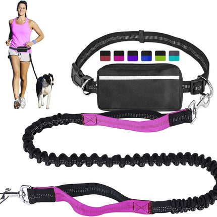 Hands Free Dog Leash for Running Walking Training Hiking, Dual-Handle Reflective Bungee, Poop Bag Dispenser Pouch, Adjustable Waist Belt, Shock Absorbing, Ideal for Medium to Large Dogs (Black W Pink)