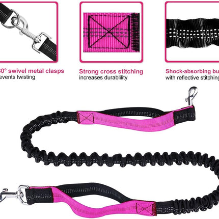 Hands Free Dog Leash for Running Walking Training Hiking, Dual-Handle Reflective Bungee, Poop Bag Dispenser Pouch, Adjustable Waist Belt, Shock Absorbing, Ideal for Medium to Large Dogs (Black W Pink)