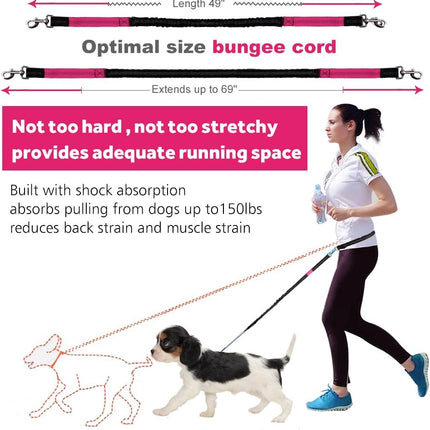 Hands Free Dog Leash for Running Walking Training Hiking, Dual-Handle Reflective Bungee, Poop Bag Dispenser Pouch, Adjustable Waist Belt, Shock Absorbing, Ideal for Medium to Large Dogs (Black W Pink)